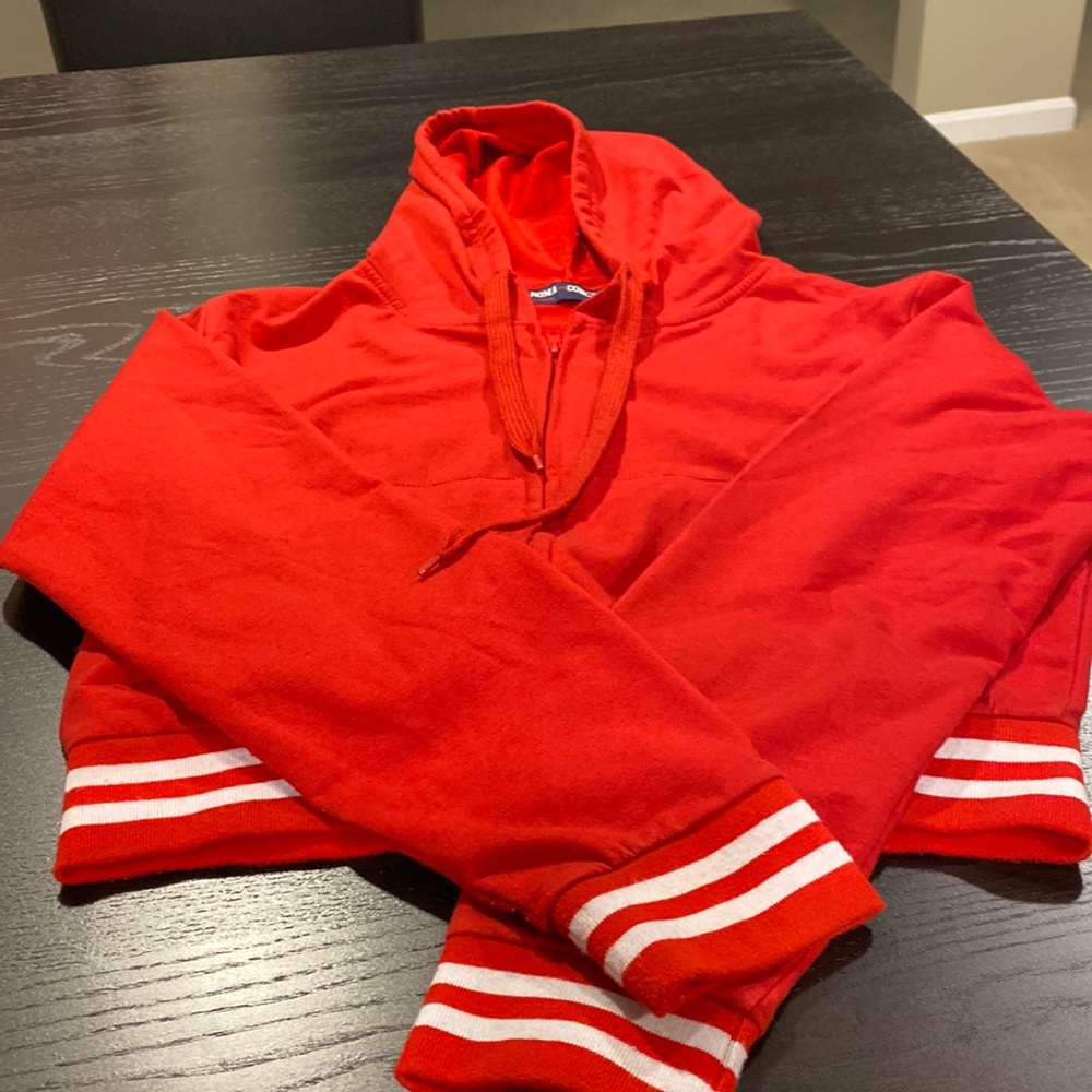 Roma Concept Red and White Striped Cropped Hoodie Jacket; size L
